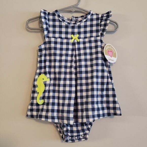 Child of mine GINGHAM SEA HORSE NEON ROMPER - Picture 1 of 4